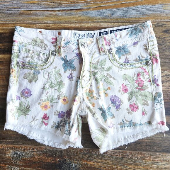 MISS ME Cargo Botanical Garden White Denim Shorts Zip Pocket Frayed Hem - Picture 1 of 11
